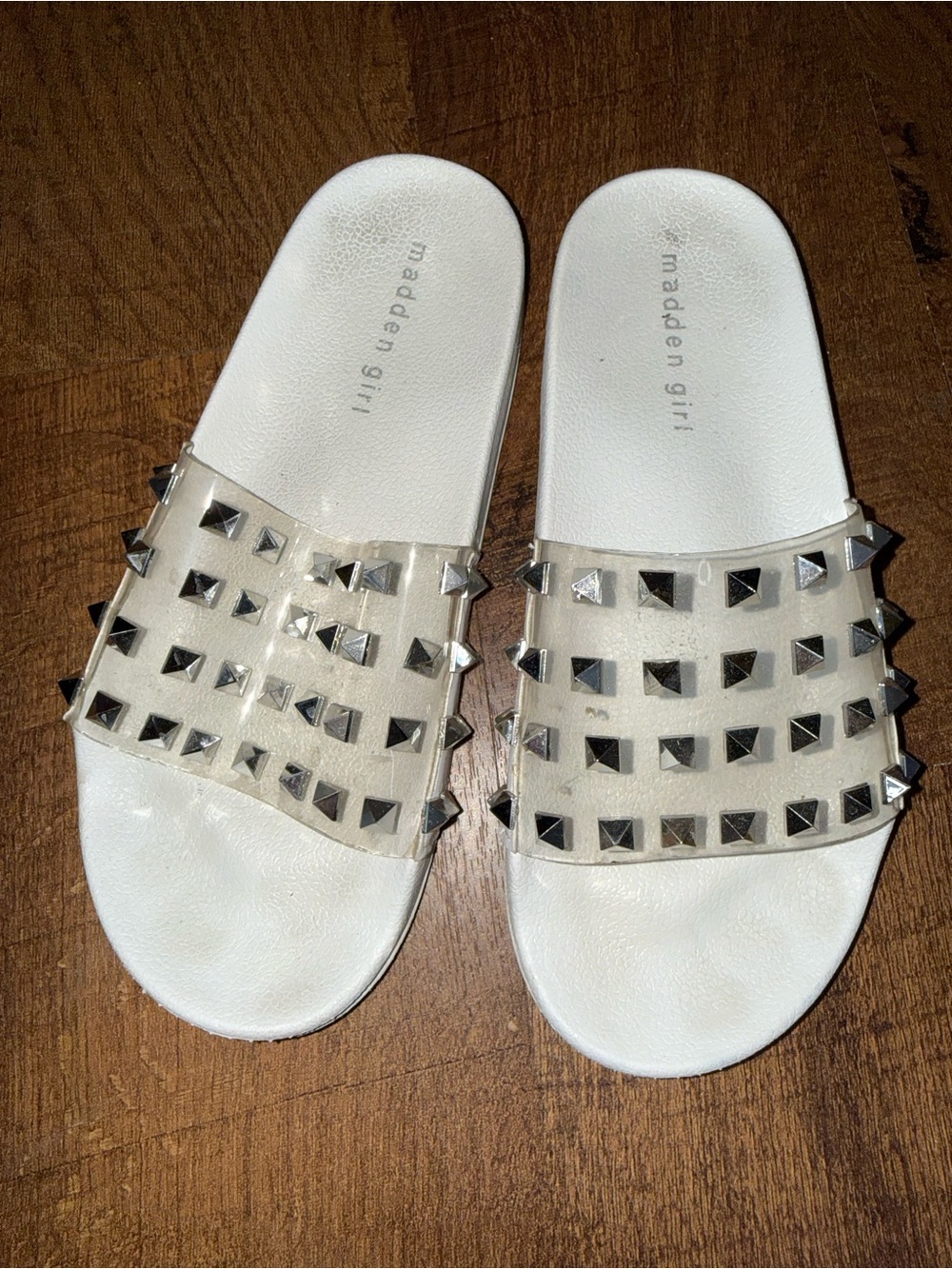 Madden Girl White Clear Studded Slide Sandals